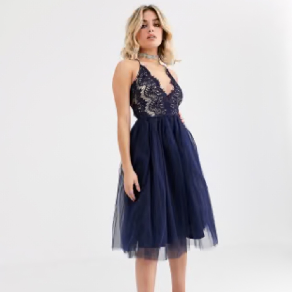 NWT Rare London Tulle midi dress with scallop lace bodice navy size uk 12/us 8
